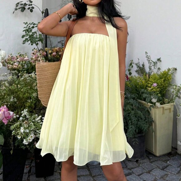 Yellow Casual Women's Ruched Bandeau A-Line Mini Dress